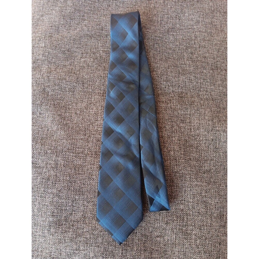 Tie 70s 80s 90s Y2K Mens J Ferrar Blue Black Plaid Skinny 2.75 Wide 60 Long
